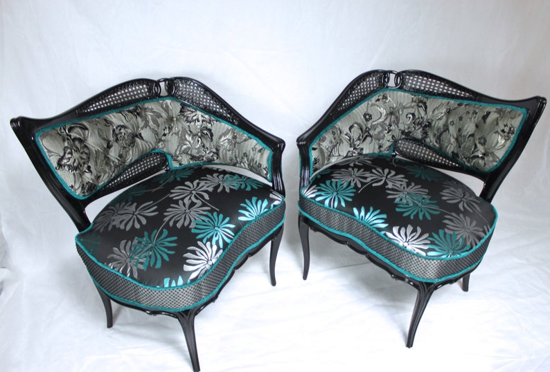 Sold CAN REPLICATE french leaf chairs with cane tuquoise aqua black silver black wood modern floral image 3