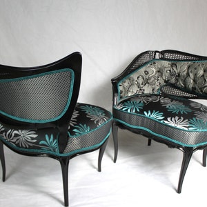 Sold CAN REPLICATE french leaf chairs with cane tuquoise aqua black silver black wood modern floral image 1