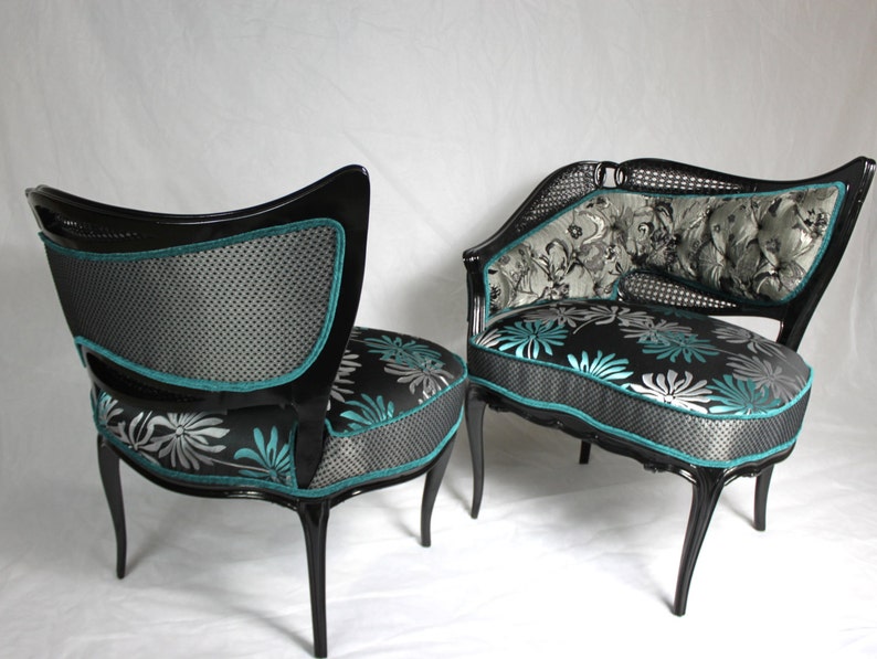 Sold CAN REPLICATE french leaf chairs with cane tuquoise aqua black silver black wood modern floral image 1