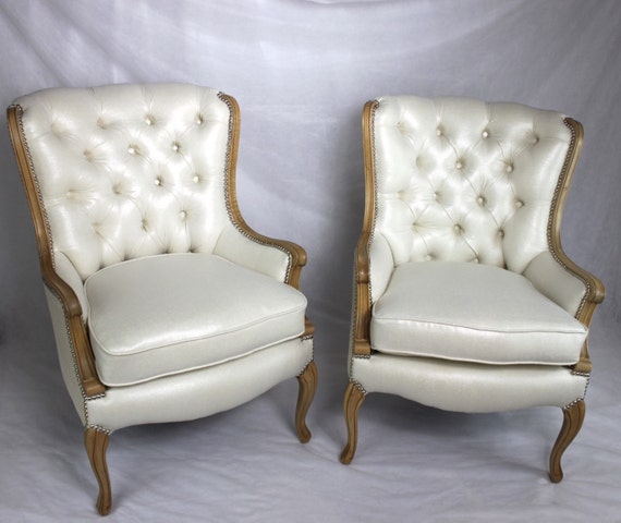 Sold Pair of Snake Skin Velvet Tufted Wing Back Chairs With Cream
