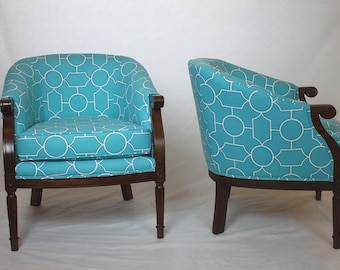 SOLD- Pair of French Barrel Tub chairs in turquoise geometric