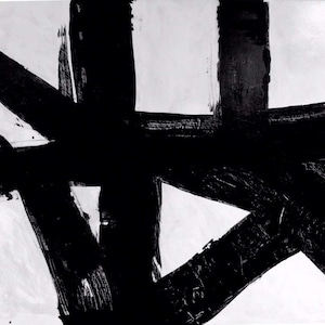 May include: Abstract black and white painting with bold brushstrokes. Thick, intersecting black lines create a dynamic composition against a white background. The artwork features a modern, minimalist aesthetic, suitable for wall decor.