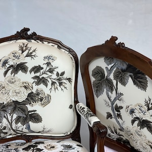 free ship- can replicate-sold-PAIR French antique carved chairs with black white gray floral fabric.