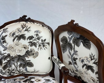 free ship- can replicate-sold-PAIR French antique carved chairs with black white gray floral fabric.