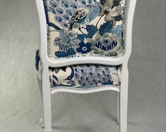 Available- Vintage vanity accent chair in blue and white floral peacock