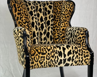 Available-Leopard print channel back wing arm chair vintage