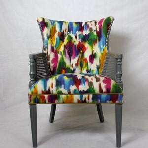 Free shipping-can replicate-SOLD-Can Replicate on a Similar Chair-Vintage Tufted Jewel Toned Accent Chair with Sultana Burlap Rainbow Waterc