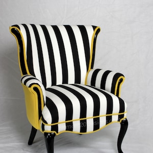 Free shipping- CAN REPLICATE  -sold made in the USA Free shipping Black and White striped Vintage Round Wing Back Chair with Yellow Velvet