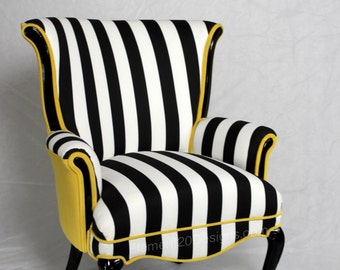 Free shipping- CAN REPLICATE  -sold made in the USA Free shipping Black and White striped Vintage Round Wing Back Chair with Yellow Velvet