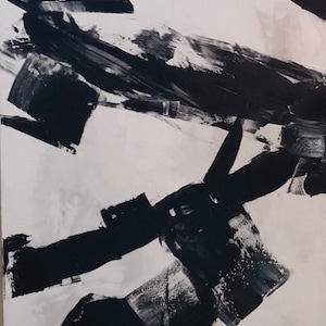 May include: Abstract black and white painting with bold brushstrokes. The painting features a series of overlapping lines and shapes, creating a dynamic and energetic composition.