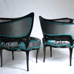 Sold CAN REPLICATE french leaf chairs with cane tuquoise aqua black silver black wood modern floral image 5