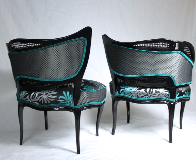 Sold CAN REPLICATE french leaf chairs with cane tuquoise aqua black silver black wood modern floral image 5