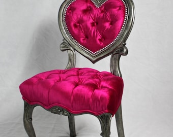 Sold-- can replicate-Fuchsia Velvet Tufted and white  Finish French Heart Chair Nail Heads