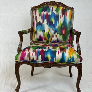 Available-French bergere chair with rainbow watercolor fabric