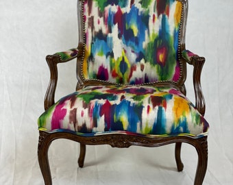 Available-French bergere chair with rainbow watercolor fabric