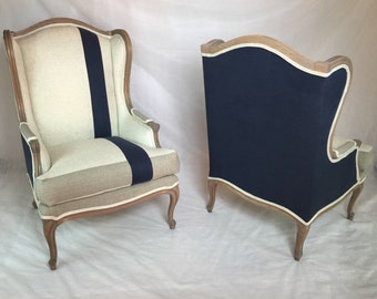 Sold- Can replicate-Pair of Custom Striped Wing Back Chairs with Navy Linen Organic Bamboo Beige Fabric and Taupe Fabric