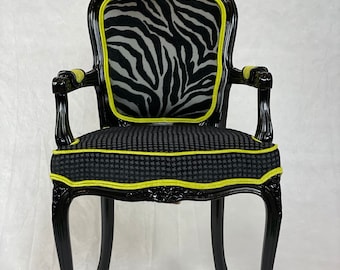 Available-French chair with black and gray zebra and lime green accent