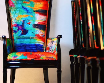 Free shipping - 8 dining chairs with graffiti fabric and black velvet two throne end chairs-sold