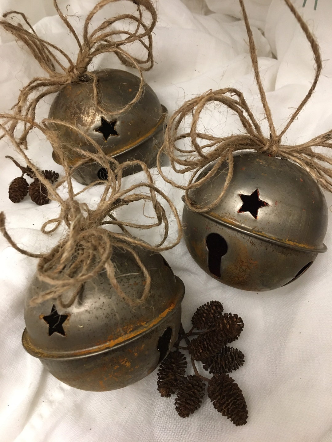 Large Red Metal Christmas Bells in Vintage Farmhouse Style, Set of Three