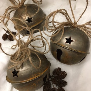 Set of 3 Large bare metal Christmas Bells. Aged patina Vintage Bells, jingle bells, Vintage rustic ornaments. Cottage, Shabby Chic,3 1/2&quot;