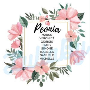Grafica per TABLEAU Marriage e SEGNATAVOLO - Matrimonio tema fiori PEONIA - File stampabile personalizzazioni incluse