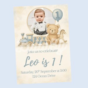 INVITO GIOCATTOLI VINTAGE Trenino Orsetto con Foto - Baby Boy - Festa compleanno, Battesimo o Baby Shower -Anche in Italiano-File digitale