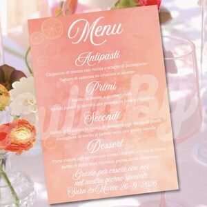 MENU DE FÊTE D'ÉTÉ - Également en italien - Dîner du Ferragosto - Design avec fruits, oranges, pamplemousses, couleur corail - Fichier numérique - « Agrumes d'été »