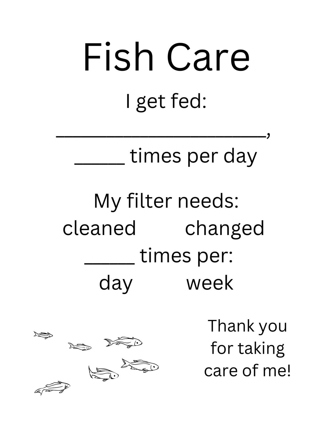Fish Care Sheet, Printable Animal Care Sheet, Pet Sitter Information