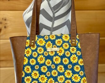 Large Zippered Tote, Sunflower Everyday Tote,  Large Shoulder Bag, Tan Faux Leather