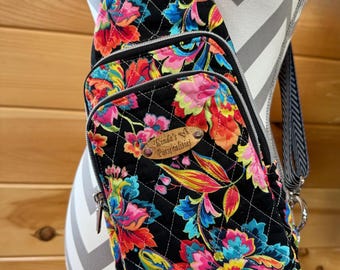 Quilted Sling Backpack, Quilted Cotton Black with Floral Pattern, Heartland Sling