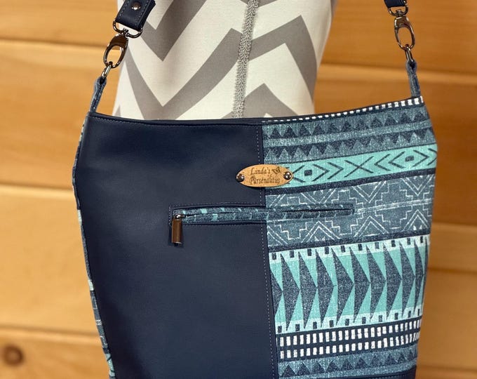 Featured listing image: Navy Blue Bonnie Bucket Bag, Slouchy Hobo Bag, Faux Leather and Cotton