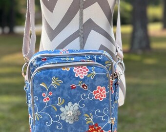 Blue Floral Widget Messenger Bag, Hobo Bag
