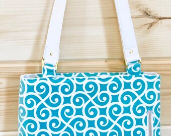 Women's Conceal Carry Purse Mint Green and White Scroll, CCW Shoulder Bag, Vegan Leather Shoulder Straps