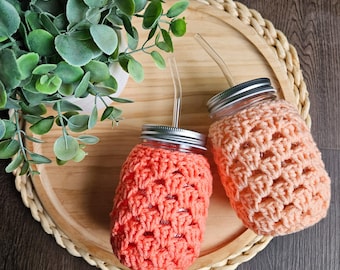 Crochet Mason Jar Cozy | Crochet Beverage Cover | Handmade Removable Sleeve | Summer Drink Beverage Cozy | Hand made Crochet Straw Cup Cozy
