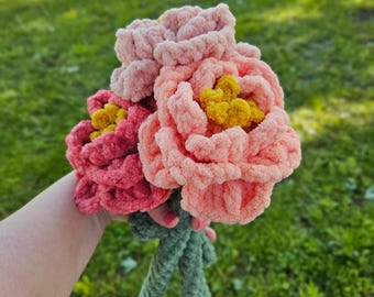 Flor de peonía de ganchillo / Flor de peonía de ganchillo / Ramo de flores de peonía / Ramo de ganchillo / Flor de peonía hecha a mano