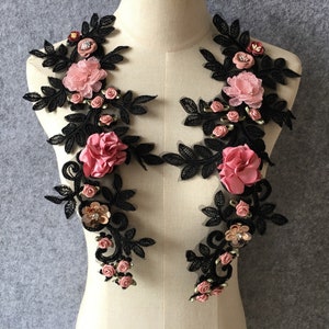 Black Alencon Lace with Pink 3D Flower Appliqué Pair for Formal Evening Gowns and Costumes