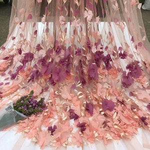51" Wide Embroidery Tulle Lace Fabric Chiffon Flowers Applique Fabric Wedding Prom Formal Lace Fabric