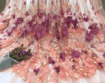 51" Wide Embroidery Tulle Lace Fabric Chiffon Flowers Applique Fabric Wedding Prom Formal Lace Fabric