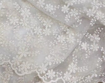 Beige Floral Embroidered Lace Fabric for Flower Girl Dress, Simple Wedding Robe, Bridal, Veils, Costumes