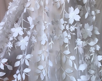 Ivory Floral Embroidery Blossom Fabric by Yard, Exquisite Illusion 3D Leaf Bridal Gown Prom Dress Lace Fabric