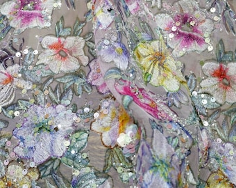 Colorful Beaded Embroidered Flower Lace Fabric for Romantic Bridal Dress, Wedding Party Dress, Prom Dresses