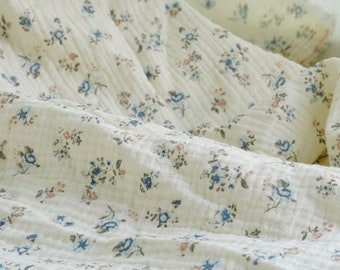 Tissu coton beige double épaisseur crêpe imprimé coton floral pour vêtements Dids, robe de fille, robe d'été