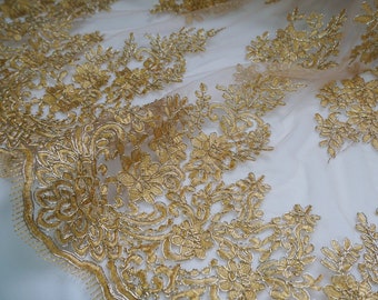 Vintage Gold Alencon Embroidered Lace Fabric Retro Floral White Mesh Evening Dress Lace Fabric 51" Wide By The yard