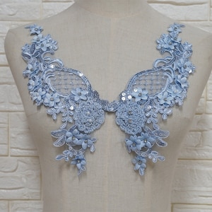 Blue Beaded 3D Flower Appliqué Pair for Weddings, Lyrical Dance, Headbands or Flower Girl Dress