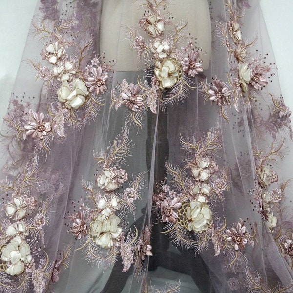 Tissu en dentelle avec fleurs perlées délicates mauve, tissu en dentelle avec appliqué floral 3D pour robe de mariée corsage de danse lyrique de mariée