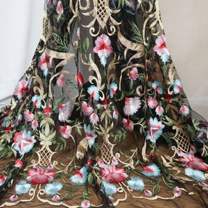 Multi-color floral flowers embroidered on black tulle fabrics for girls dress, wedding gown, evening dress