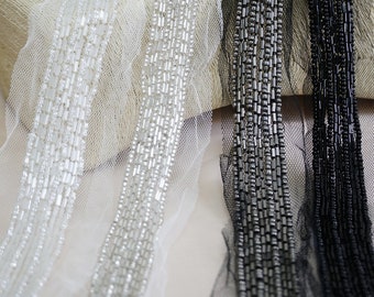 Beaded Trim on Mesh Lace for Wedding Dress Bridesmaid Sash Belt Headbands Accessories Supply - 1.8 yards Long