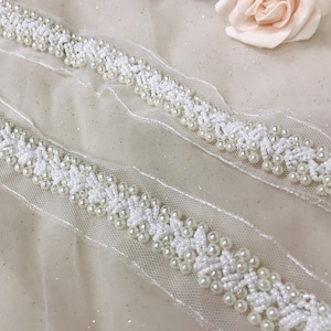Pearl Beads Lace Trim in Ivory For Wedding, Bridal Sash, Headbands, Jewelry or Costume design