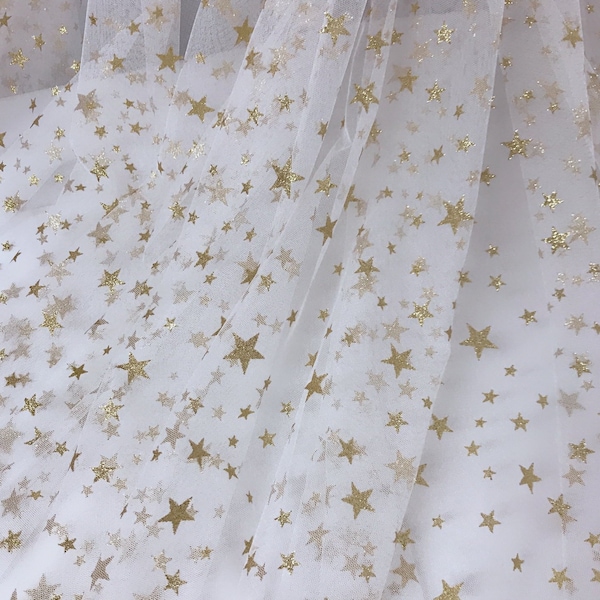 Gold Star Lace Fabric Sparkling Star Gauze Fabric Wedding Fabric for Bridal Dress, Tutu Dress, Prom Dress