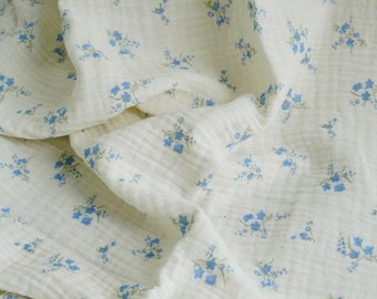 Tissu en coton double épaisseur, tissu à fleurs bleu, tissu en coton beige par mètre